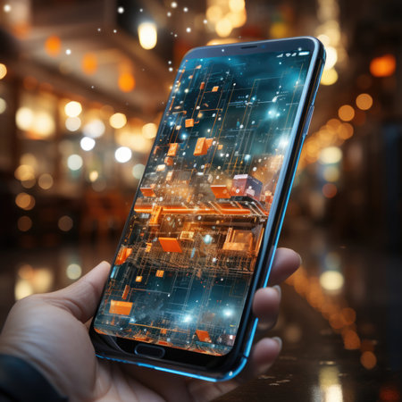 Smartphone screen showing a holographic projection of a digital cityの素材