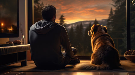 Serene moment of a man with his golden retriever enjoying a mountain sunsetの素材
