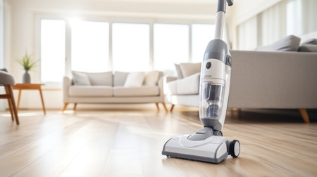 Cleaning enthusiast navigates a sleek vacuum through a modern home interiorの素材