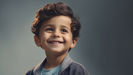 Young boy with curly hair and a heartwarming laugh, wearing a casual jacket.の素材