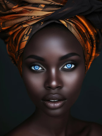 Intense gaze of an African woman with traditional headscarf and makeup.の素材