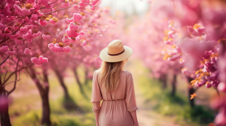 Woman in a pink dress and straw hat enjoying cherry blossom treesの素材