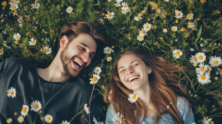 Laughing couple enjoying a moment surrounded by wild daisies. Summer timeの素材