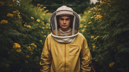Beekeeper with protective gear standing in a flowering garden.の素材