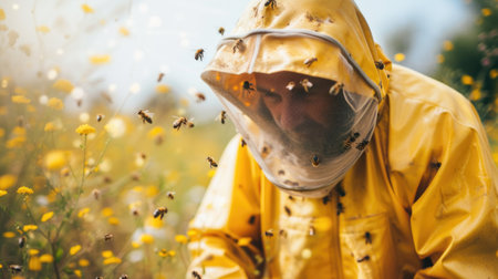 Beekeeper in yellow suit surrounded by bees in flower fieldの素材