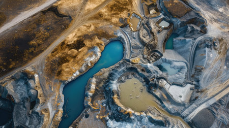 Overhead shot of an expansive excavation site with water bodies. sulfur miningの素材