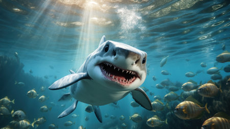 Shark swimming with a school of fish underwater.の素材