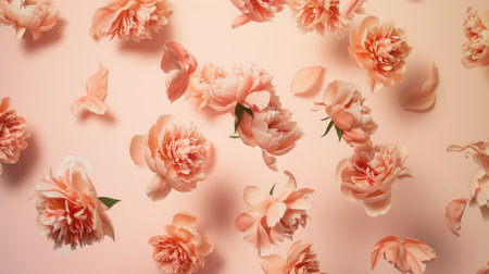 Coral peonies and petals floating on a warm backdropの素材