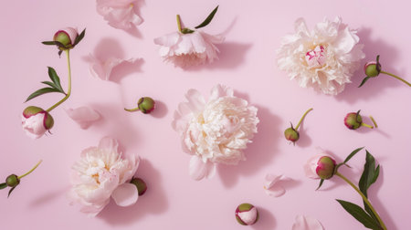 Elegant pink peonies with buds and petals on a pastel backgroundの素材