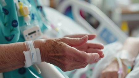 Close-up of a patient's hand with an IV in a hospital settingの素材