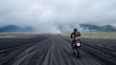 Motorcyclist rides on a volcanic ash trail in misty mountains.の素材