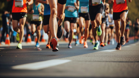 Close-up of marathon runners' feet on the road during a raceの素材