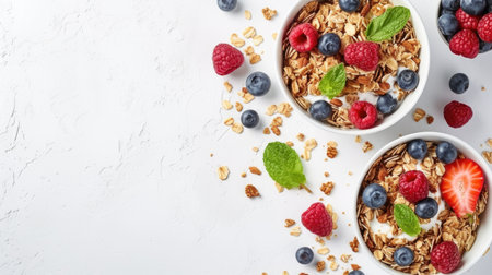 A top view of two bowls of muesli with fresh berries and mint leaves on a white textured background, symbolizing a healthy and nutritious breakfastの素材