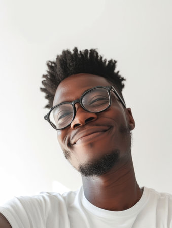 Cheerful African Man with Glasses Enjoying a Momentの素材