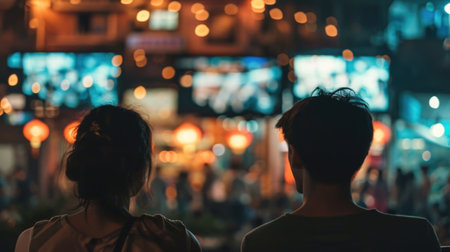 A young couple is captivated by the lively atmosphere of a bustling night market.の素材