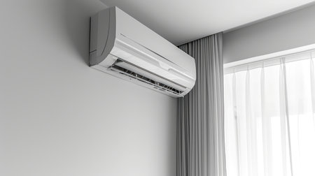 White air conditioner with vent seamlessly blending into a sleek interiorの素材