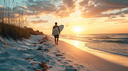 Surfer Walking on Beach at Sunsetの素材