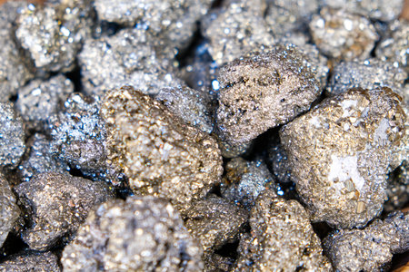 Shimmering Pyrite Mineral Specimens Glistening with Natural Crystalsの写真素材