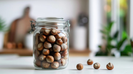 Whole Hazelnuts Stored in a Sealed Glass Jar on a Kitchen Counter.の素材