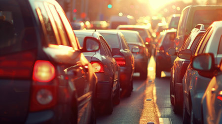 Busy City Traffic at Sunset with Glowing Taillights.の素材