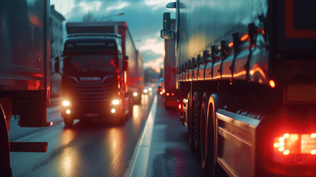 Twilight Haulage with Illuminated Trucks on Urban Roadの素材