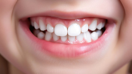 Close-up of a Child's Healthy White Smile with Milk Teethの素材