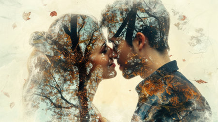 Romantic Double Exposure of Lovers Kissing Among Autumn Foliageの素材