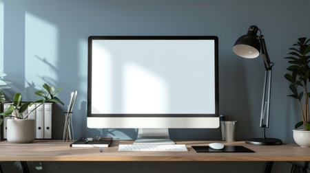 Contemporary Home Office Desk with Computer and Decorative Plantsの素材