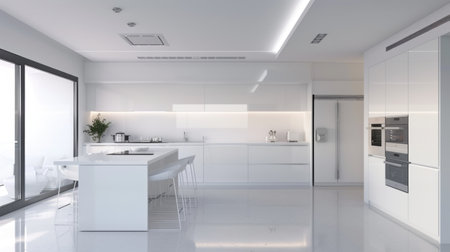 Modern Minimalist Kitchen Interior with White Design and Daylightの素材