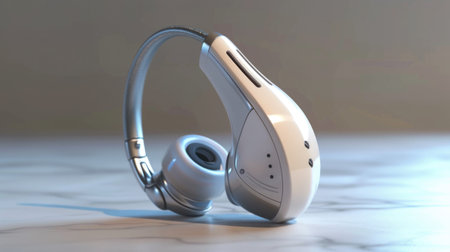 Close-Up of a Modern Hearing Aid on a Reflective Surfaceの素材