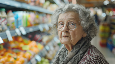 Senior Woman with Glasses Shopping in Supermarket Aisleの素材