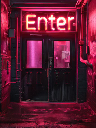 Neon Enter Sign Above a Dark Urban Doorway at Nightの素材