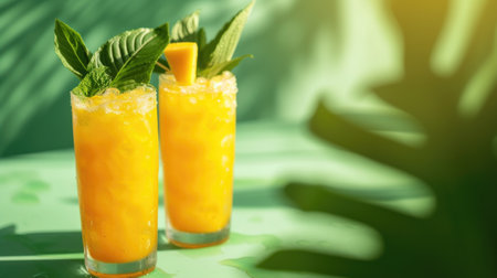 Two glasses of refreshing mango juice with a tropical backgroundの素材
