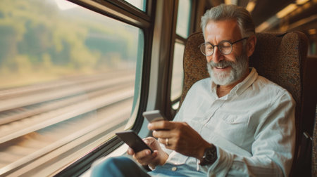 Happy senior man texting on his smartphone while on a train journeyの素材
