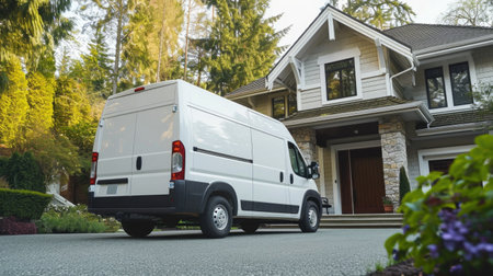 a professional moving van stationed in front of a home, signifying a smooth and organized moving process.の素材
