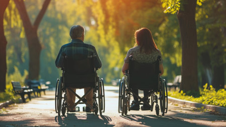 Senior man and woman in wheelchairs enjoying park.の素材