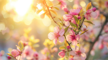 Soft focus of pink blossoms with a golden sunlight background.の素材