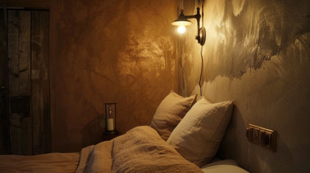 Warmly Lit Bedroom with Textured Walls and Rustic Decor.の素材