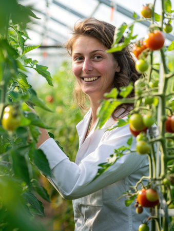 Happy Female Gardener Cultivating Tomatoes in a Sunny Greenhouseの素材