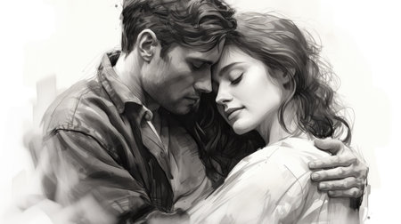 book novel cover, hand sketch in black and white of man and woman huggingの素材
