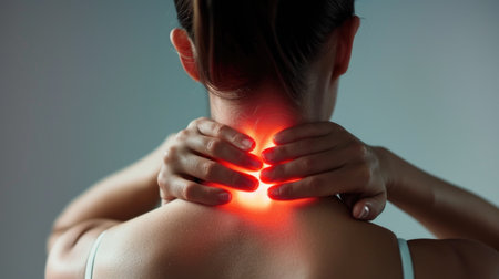 Woman Suffering From Chronic Neck Pain with Glowing Red Inflammation Illustrationの素材