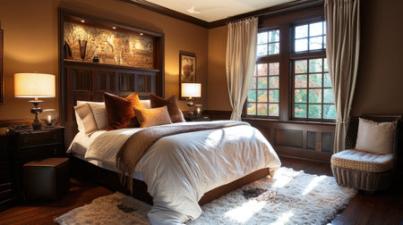 Elegant Traditional Bedroom with Rich Wooden Furnishings and Autumnal Viewの素材
