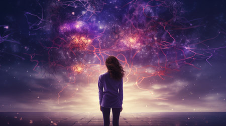 International Epilepsy. Person Gazing at a Cosmic Neuron Network in Surreal Spaceの素材