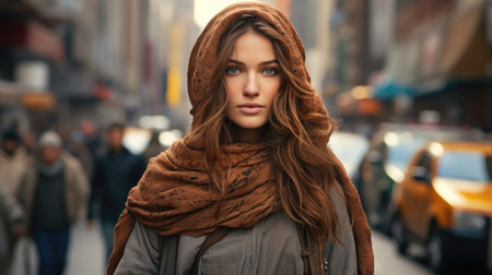 A mysterious woman in a hooded cloak with a penetrating gaze on a city street.の素材