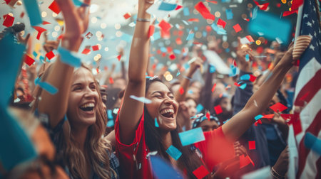 An exuberant minority crowd celebrates with American flags, confetti flying around, capturing a moment of joy and national pride.の素材
