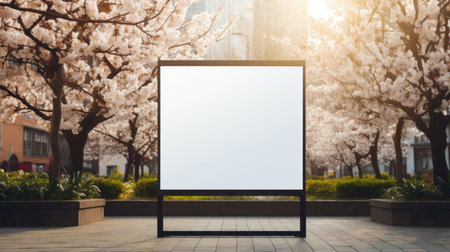 Park Elegance: Elevate your project's aesthetic in a blossoming spring park with a white mockup, merging modern design with seasonal beautyの素材