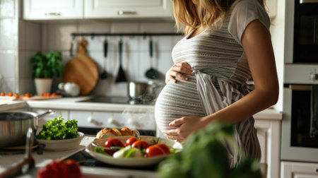 Expectant mother in a home kitchen, gently cradling her belly while cooking, highlighting healthy eating during pregnancy.の素材