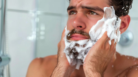 A close-up of a young man applying shaving foam, preparing for a shave in the shower, capturing a routine moment with a personal grooming focusの素材