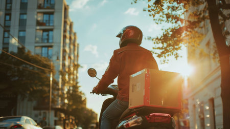 A delivery person rides a motorbike on a city street at sunset, carrying a red insulated box, embodying efficient urban deliveryの素材