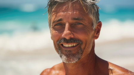 Close-up of a smiling mature man on the beach, his face telling a story of life's pleasures against the backdrop of turquoise watersの素材